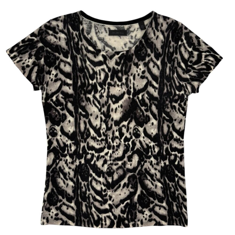 Saks Fifth Avenue Cashmere Sweater Medium Animal Print Black Label Short Sleeve